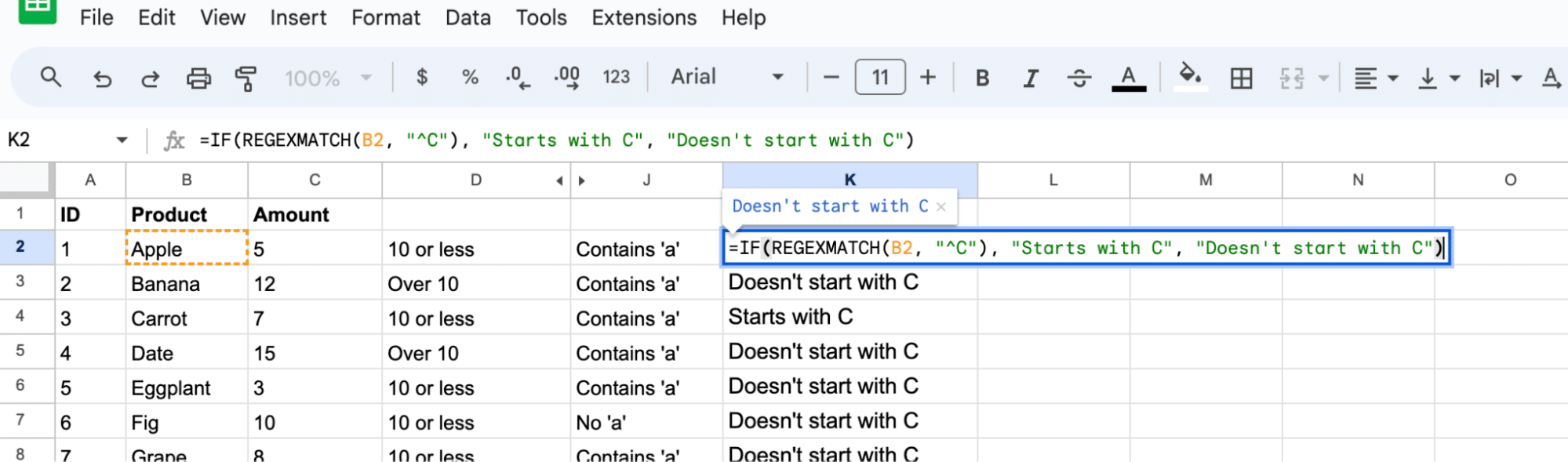REGEXMATCH function to find products starting with 'C' in Google Sheets.