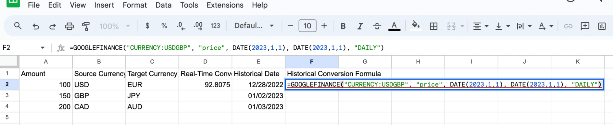 Historical currency conversion from USD to GBP on 01/01/2023 in Google Sheets using GOOGLEFINANCE.