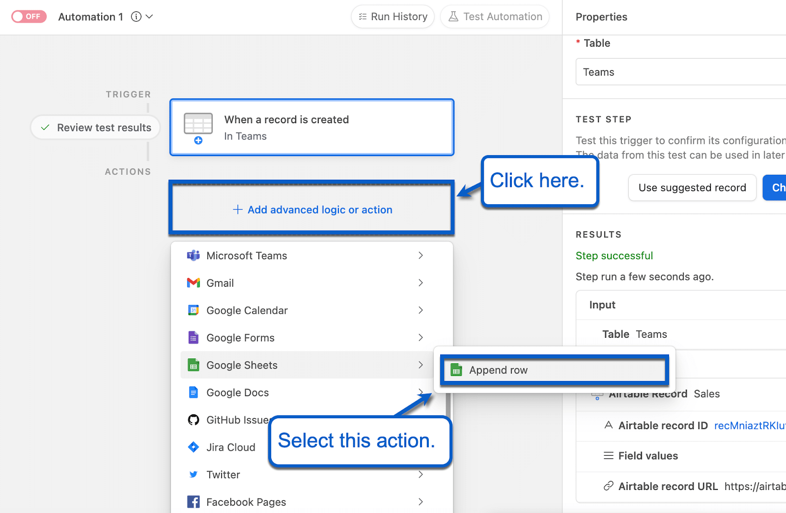 Configuring Google Sheets integration to append new Airtable records