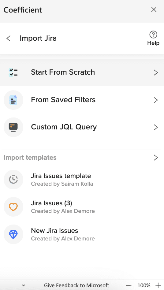 'Start from Scratch' option in Coefficient for exporting data from Jira to Excel