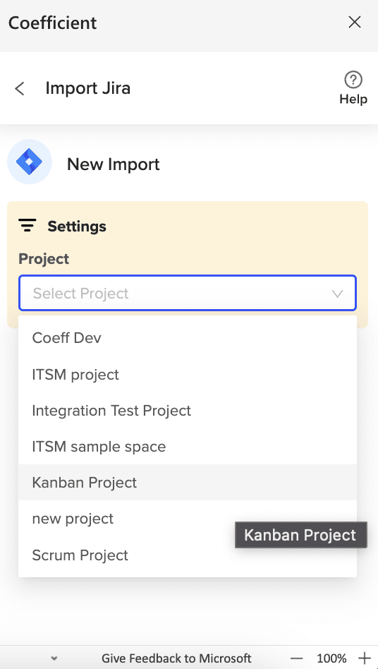 project selection from a dropdown menu in Coefficient for Jira data export.