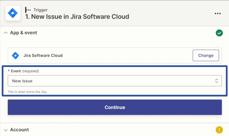 Configuration screen for setting Jira as the trigger application in a new Zap workflow
