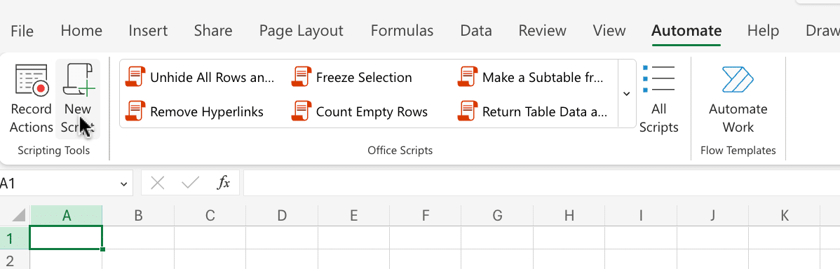 Select New Script in Excel for Web