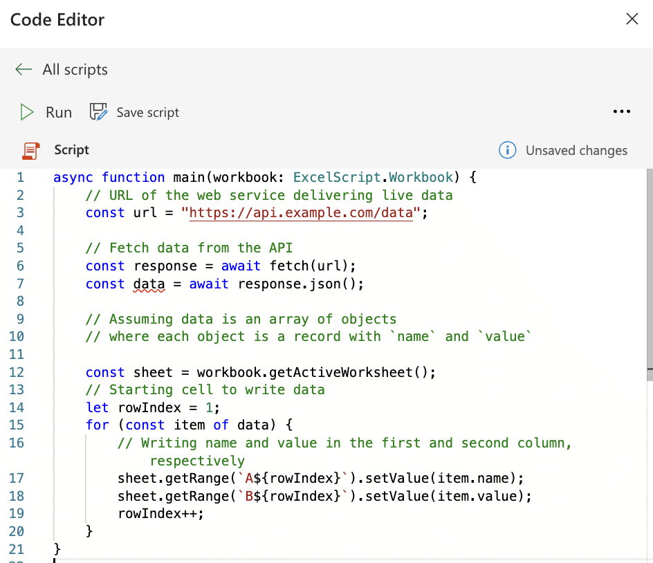 Office Script Code Editor in Excel for Web to import live data from an API.
