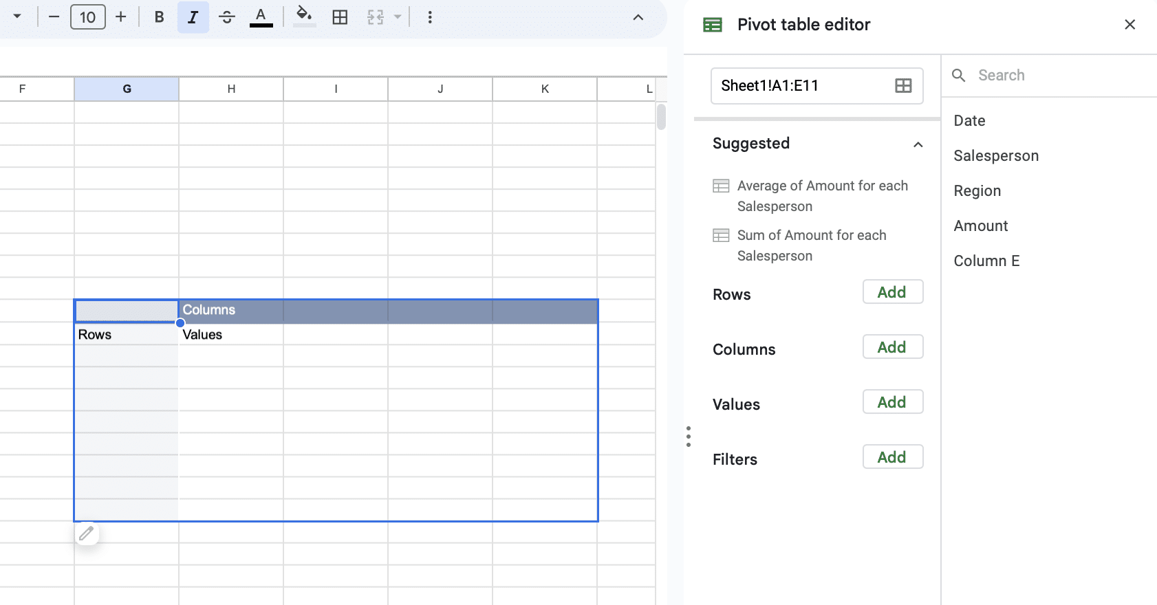 Empty pivot table to custom edit where once can add specific rows, columns, values, and filters.