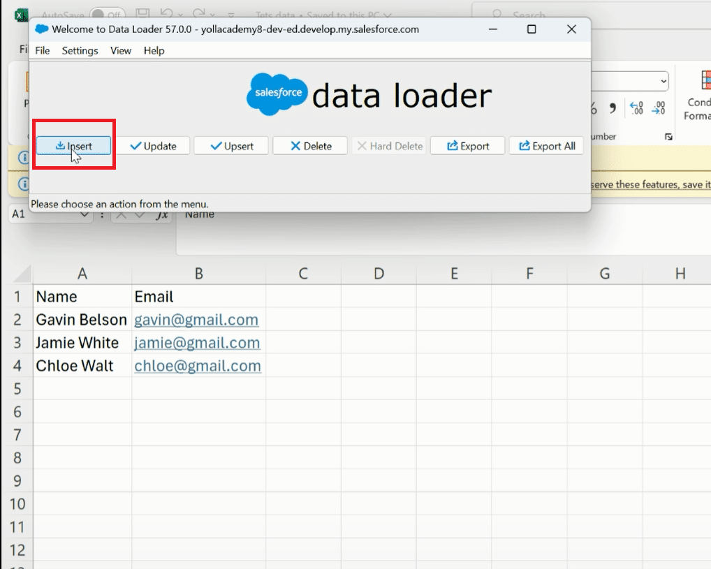 Navigating to select the "Insert" option in Salesforce Data Loader for new records.