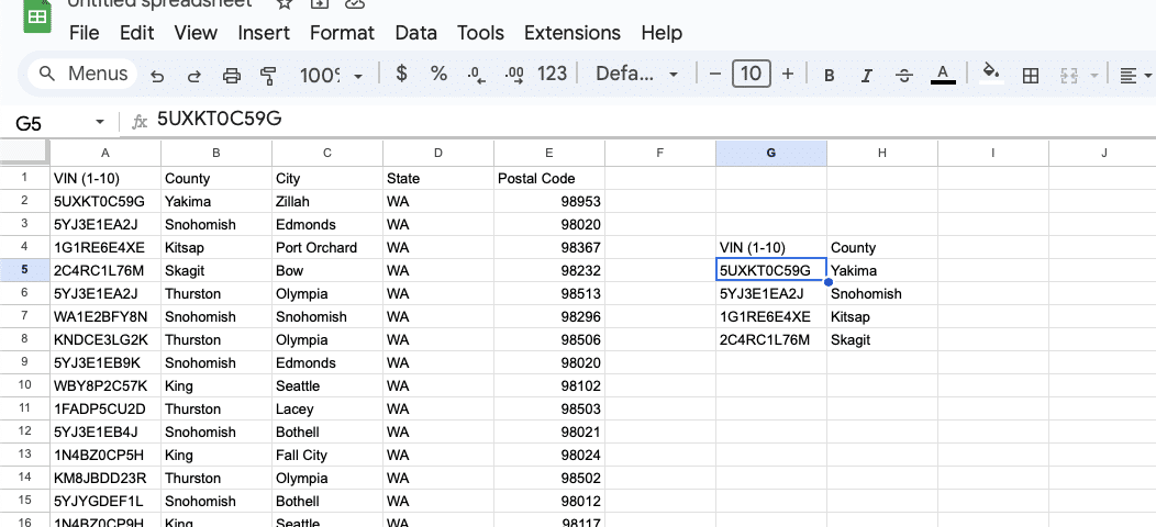 Example showing how to use ARRAY_CONSTRAIN to limit the number of rows and columns in a dataset in Google Sheets.