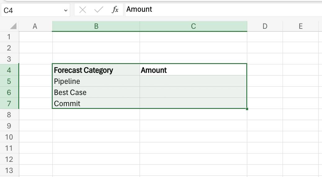 Listing sales forecast categories and values on Excel's Summary sheet