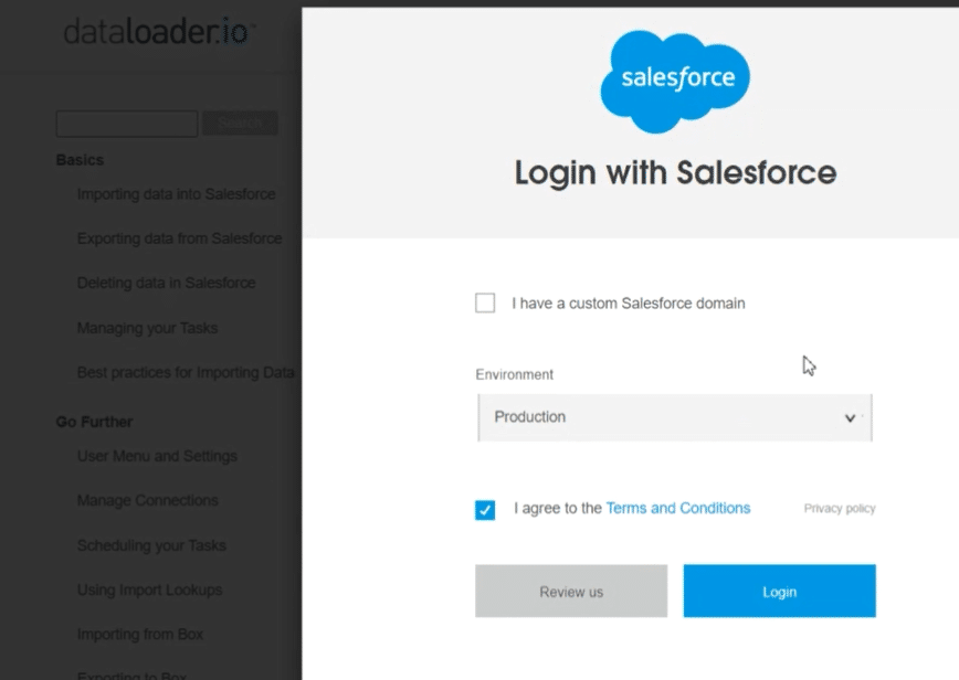 Screen showing login process on DataLoader.io with a custom Salesforce domain input.