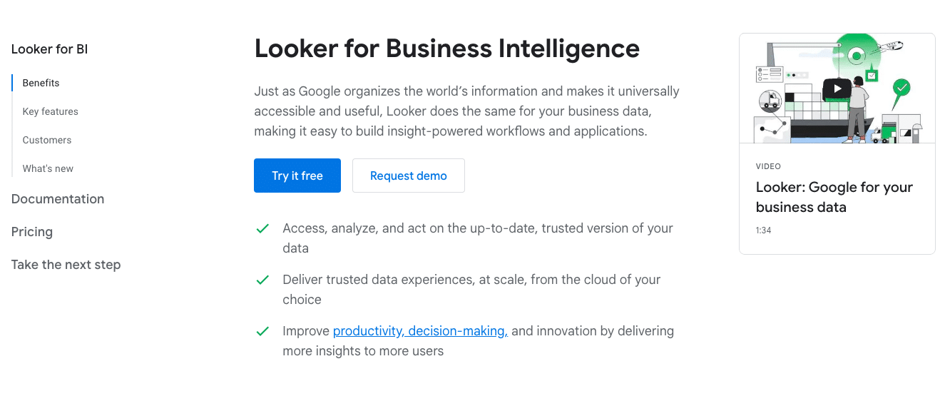 Snapshot of Looker's homepage illustrating its data analytics platform with a strong emphasis on customization and integration within the Google Cloud ecosystem.