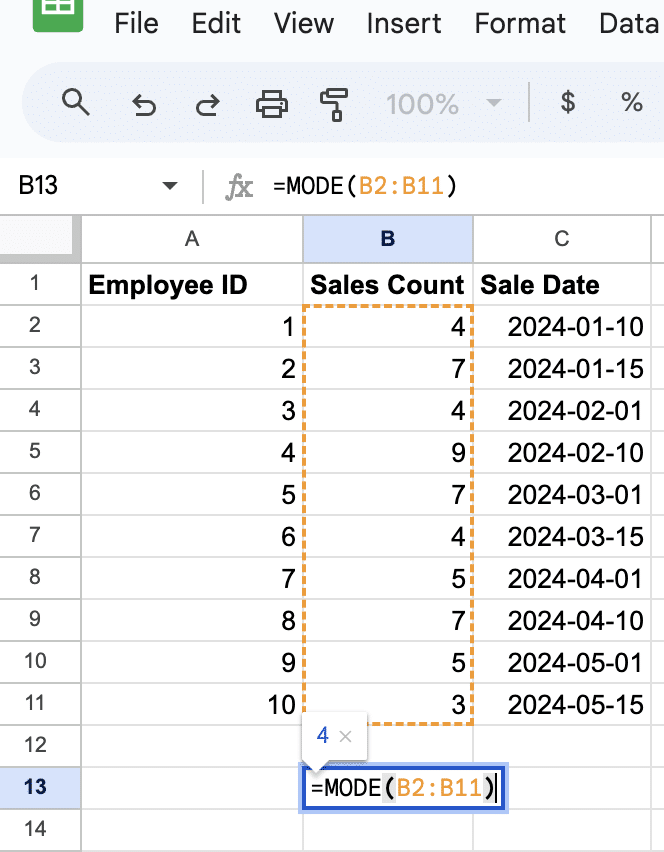 Applying MODE function in Google Sheets to find the most common sales count in the dataset.