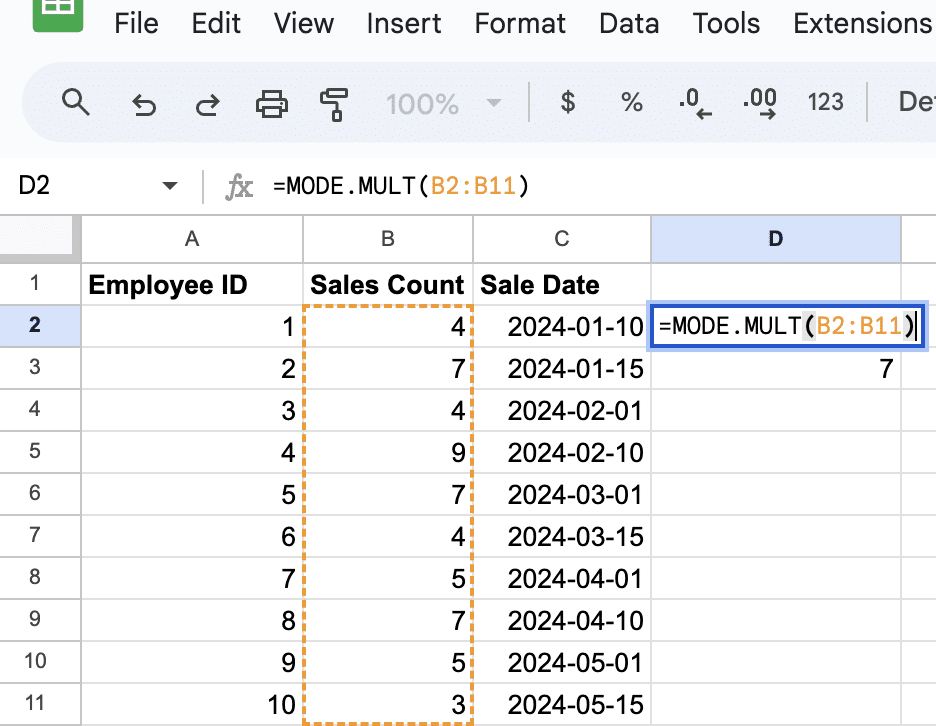 Demonstration of MODE.MULT function in Google Sheets to identify all frequent sales counts.