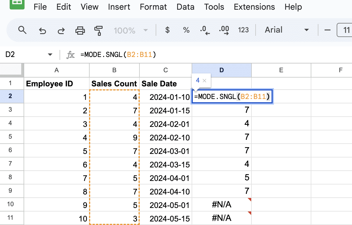 Example of MODE.SNGL function in Google Sheets showing the first most common sales count.