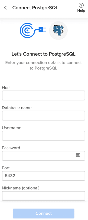 Inputting connection details for PostgreSQL database within Coefficient to establish linkage