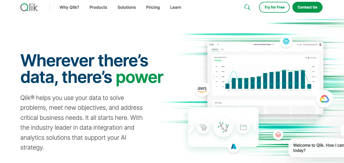 Overview of Qlik Sense's homepage, emphasizing its unique associative analytics model for exploring data connections intuitively.