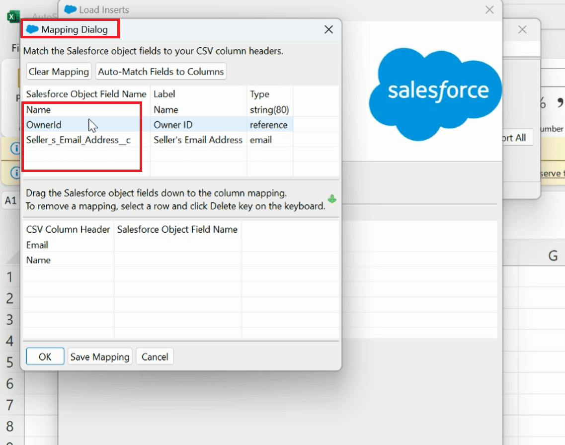 Mapping process in Salesforce Data Loader, aligning CSV columns with Salesforce fields.