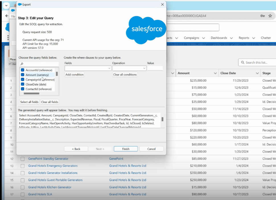 Verifying the success of the Salesforce opportunities export and locating the data file on the computer.
