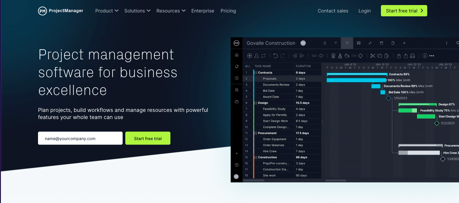 ProjectManager homepage screenshot showcasing its all-in-one project management toolkit, with emphasis on real-time dashboards and cloud collaboration.