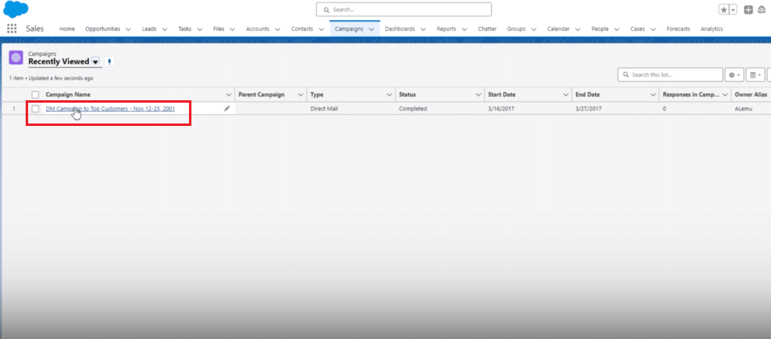 Interface highlighting the selection of a specific campaign for data export in Salesforce.