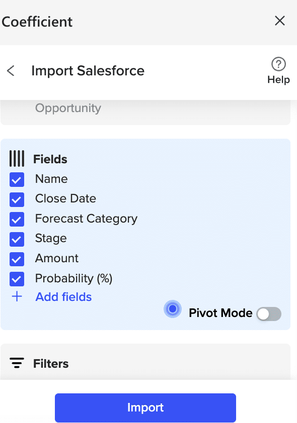 Selecting fields for Salesforce data import to Excel via Coefficient