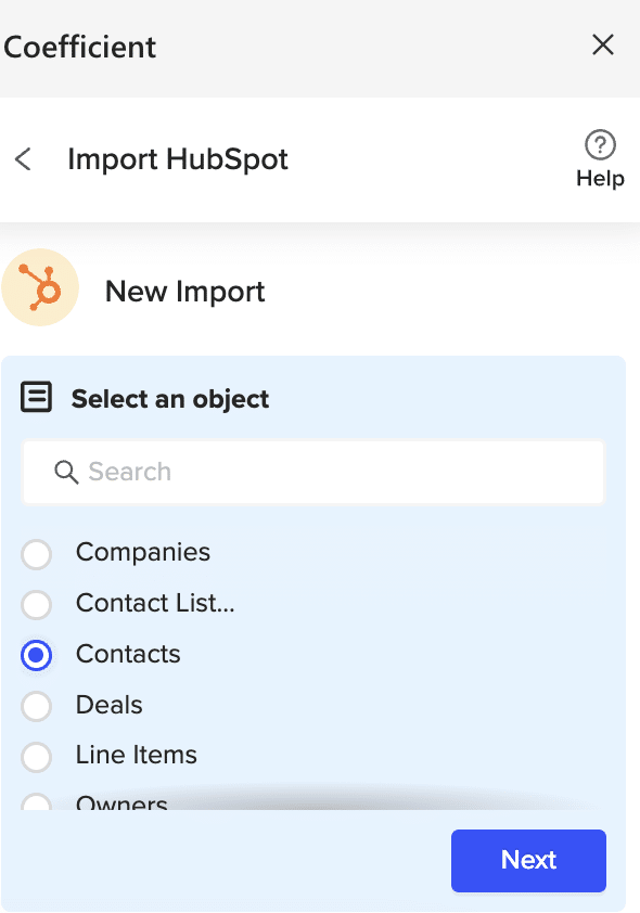 Selecting specific fields to include in HubSpot contacts export to Excel via Coefficient
