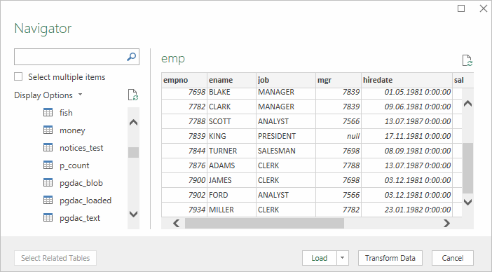 Selecting Amazon Redshift data tables for import into Excel spreadsheet