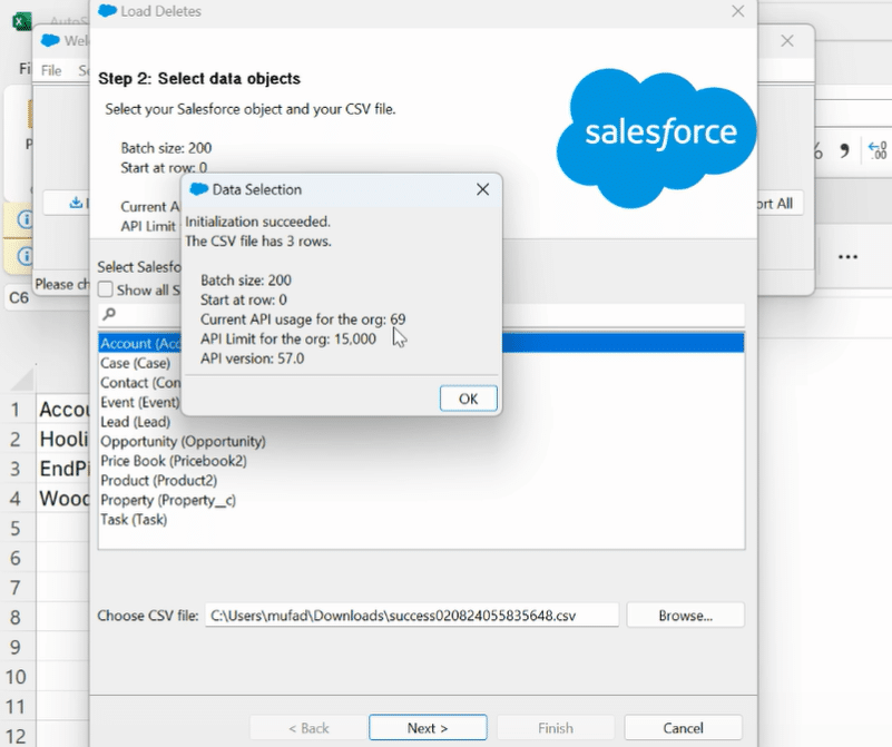 Selecting the generated success file to identify records in Salesforce Data Loader for deletion.