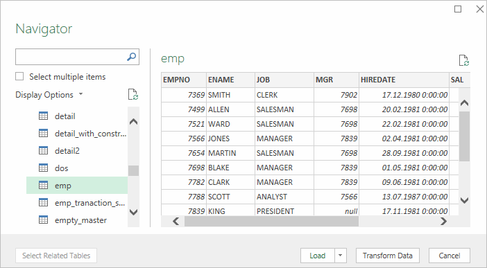 Screenshot demonstrating how to choose tables or enter SQL queries for data import after establishing an ODBC connection in Excel