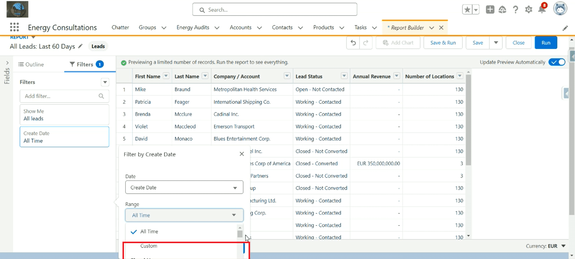 Adjusting to a custom date range in Salesforce report filters