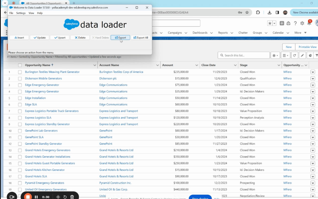  Selecting a target location on the computer to save the Salesforce exported data file.