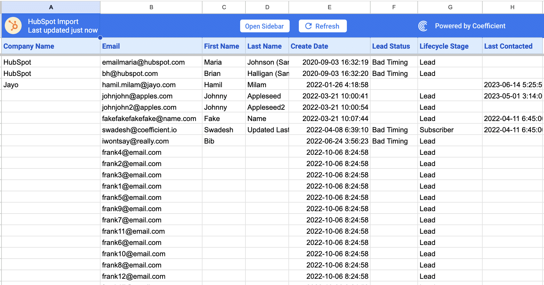 Setting up auto-refresh schedule in Coefficient for HubSpot contacts data in Excel