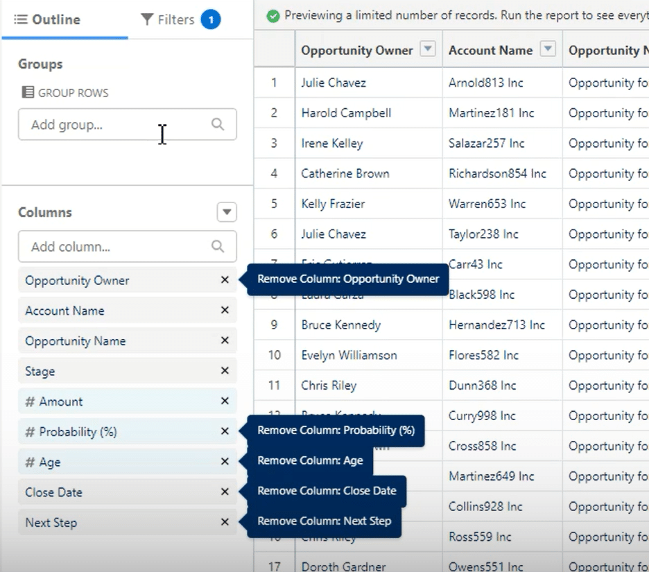 Enhancing data clarity by removing unnecessary columns from the Salesforce report view.