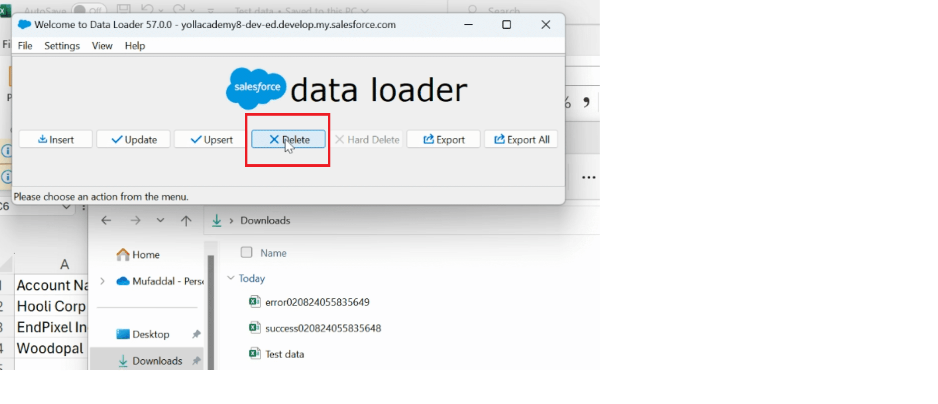  Locating the success file in the Downloads folder generated by Salesforce Data Loader after import.