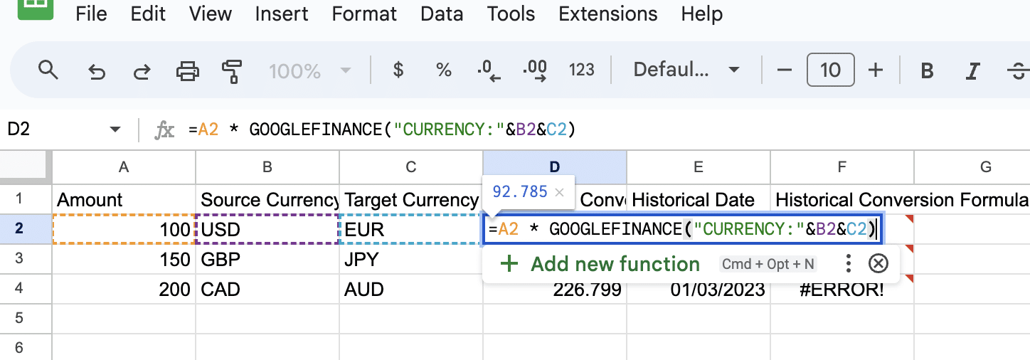 Converting 100 USD to EUR using GOOGLEFINANCE function in Google Sheets.