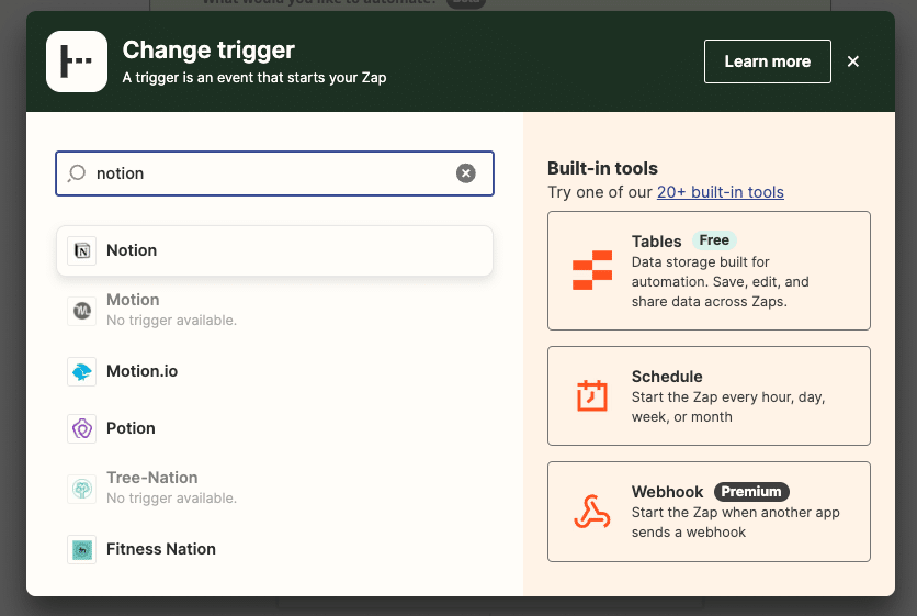Setting up Notion as a trigger app in a Zapier workflow