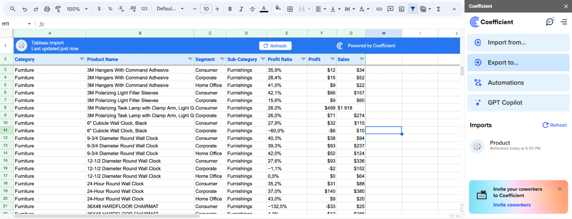 Coefficient importing real-time data to Google Sheets for Tableau visualization preparation