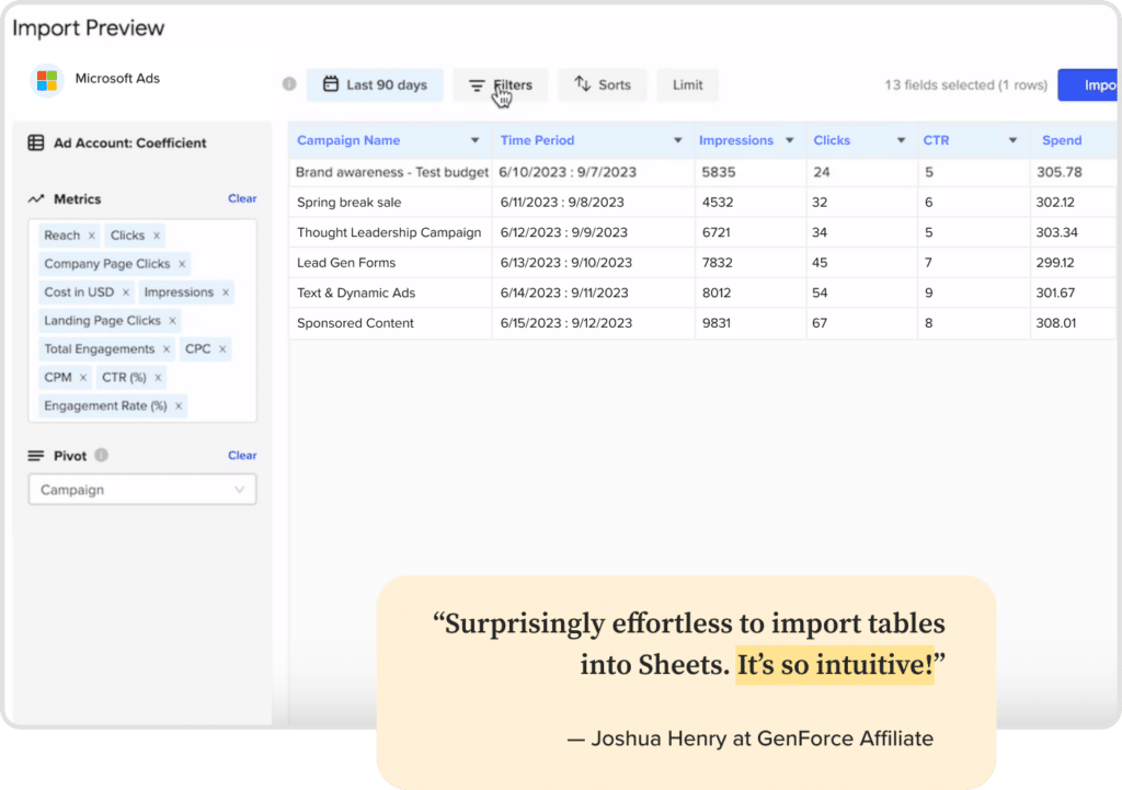Import Preview of Microsoft Ads Data into Google Sheets