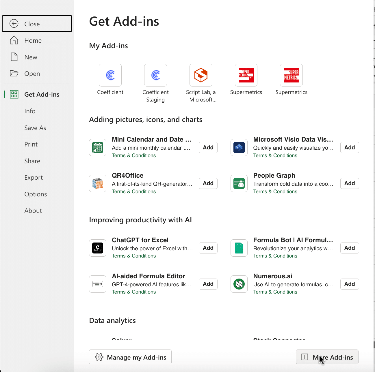 Navigating through Excel's File menu to access the Get Add-ins feature.