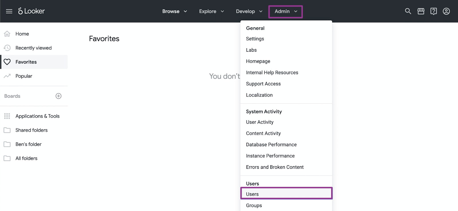  Navigating to Admin and Users section in Looker for API key access