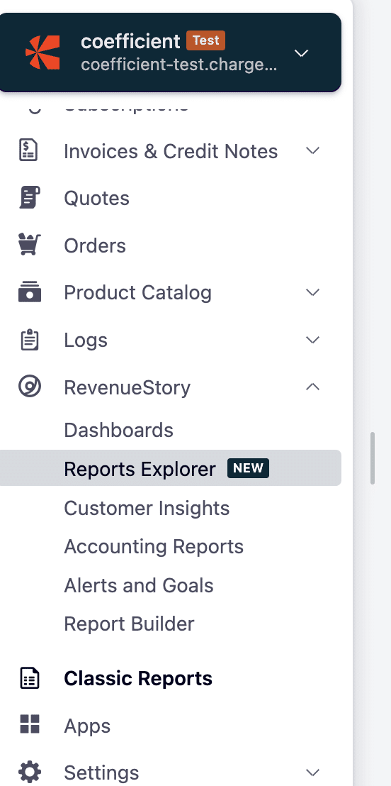 Accessing Reports Explorer under the RevenueStory dropdown in Chargebee