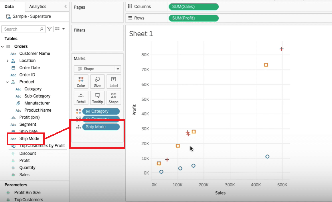 Enhancing a scatter plot by adding 'Ship Mode' to the detail box in Tableau for granular data analysis.