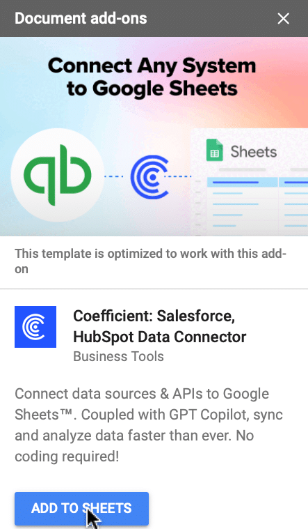 Adding Coefficient as an add-on in Google Sheets for enhanced functionality.