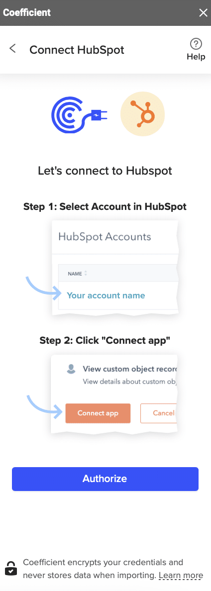  Following authorization prompts to connect Coefficient to a HubSpot account.