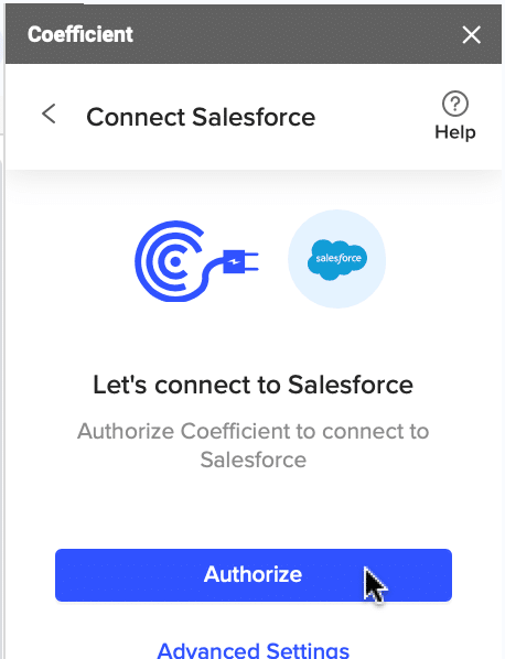 Following prompts for authorizing Coefficient access to a Salesforce account.