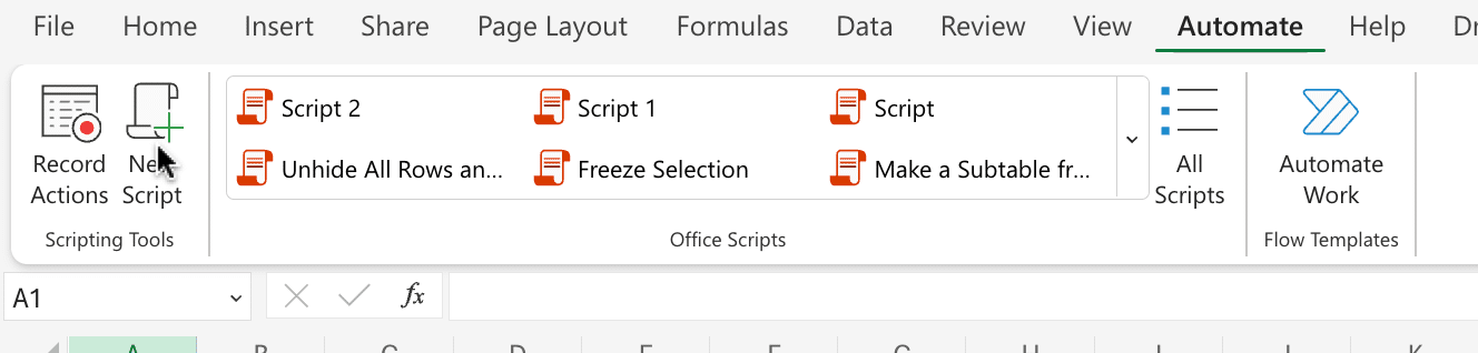 Selecting the Automate tab and clicking on New Script to open the Code Editor