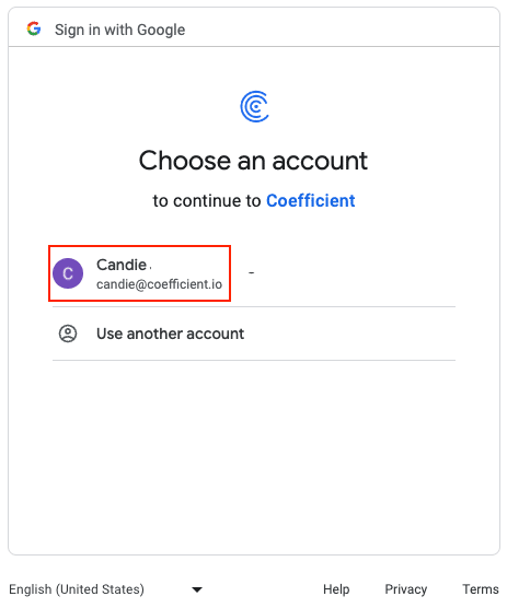 Selecting a Google/YouTube account to connect with Coefficient