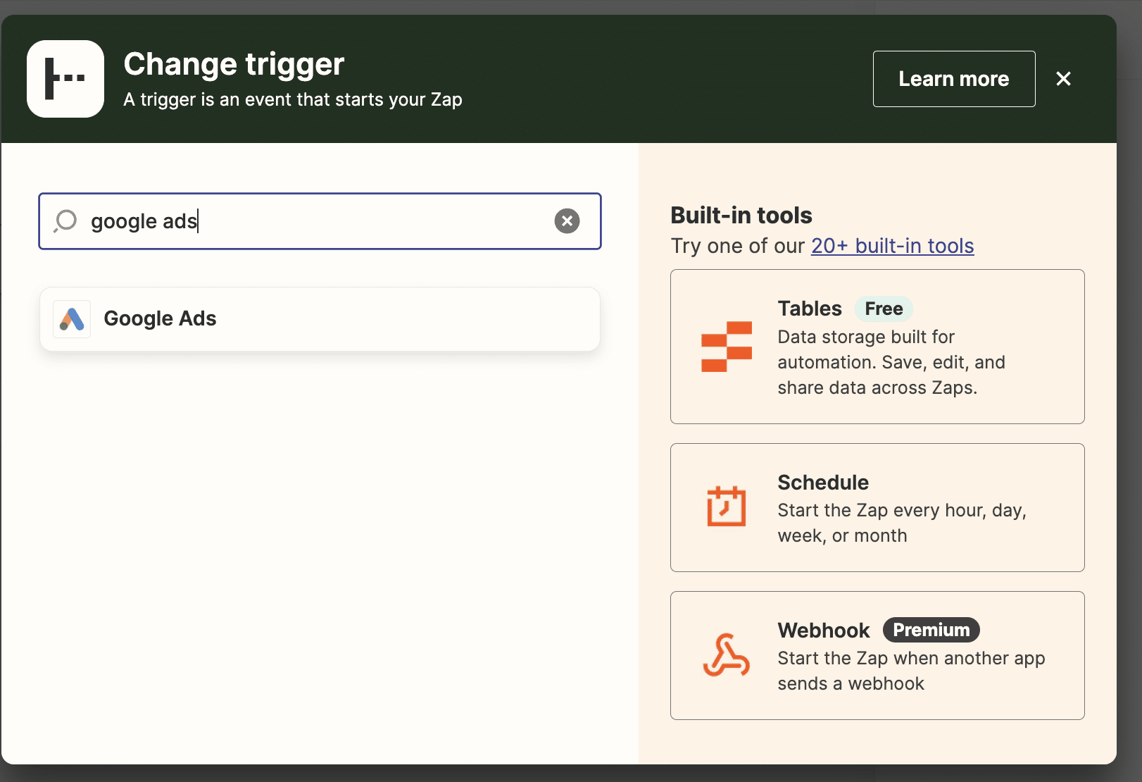 Screenshot of selecting Google Ads as the trigger app and choosing an event that will initiate the workflow in Zapier.