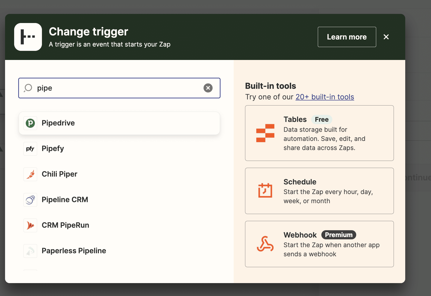 Choosing Pipedrive as the trigger application in Zap setup
