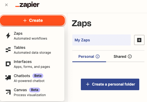 Click on ‘+ Create’ > ‘Zap’ to start creating your workflow.