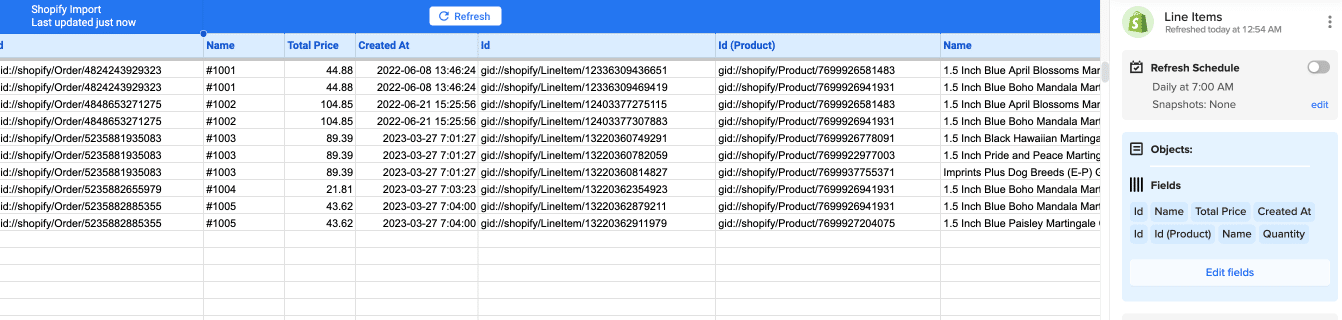 Clicking Import to finalize Shopify data transfer to Excel